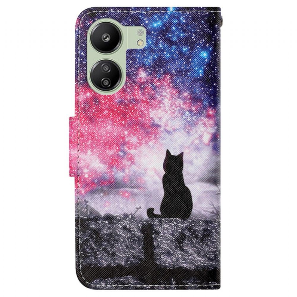 Peněženková Pouzdra Poco C65 Kryty Na Mobil Hvězdná Obloha S Lanyard Cat