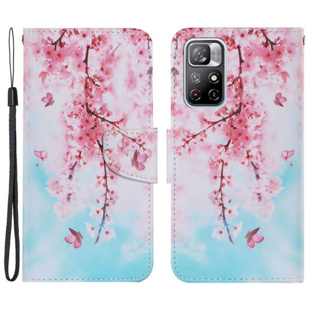 Flipové Pouzdro Na Xiaomi Redmi Note 11 Pro Plus 5G Na Lana Červené Větve S Popruhem