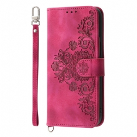 Kožený Kryt Poco C75 Krajka S Efektem Semiše S Popruhem A Ramenním Popruhem