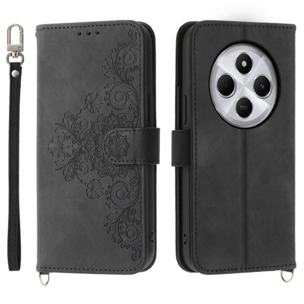 Kožený Kryt Poco C75 Krajka S Efektem Semiše S Popruhem A Ramenním Popruhem