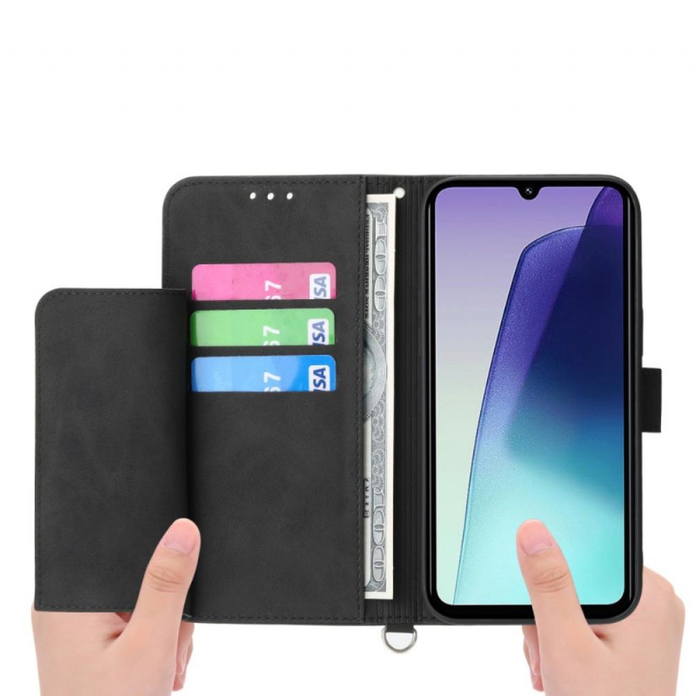 Kožený Kryt Poco C75 Krajka S Efektem Semiše S Popruhem A Ramenním Popruhem