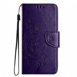 Kožený Kryt Poco C75 Květiny A Motýli Se Šňůrkou Na Krk