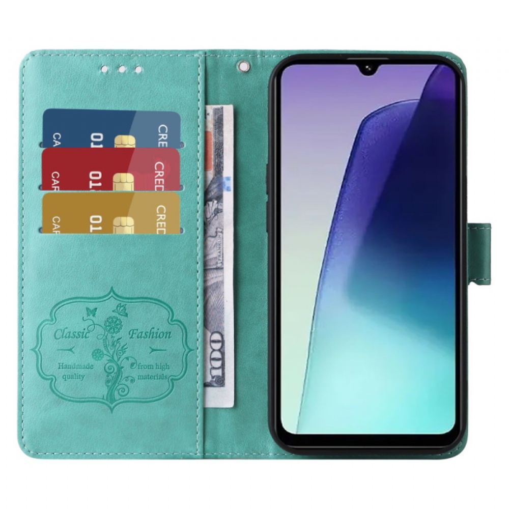 Peněženková Pouzdra Poco C75 Kryty Na Mobil Květiny A Motýli Se Šňůrkou Na Krk