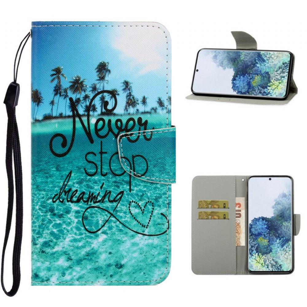 Flipové Pouzdro Na Samsung Galaxy S21 5G Na Lana Nikdy Nepřestávejte Snít Navy Strappy