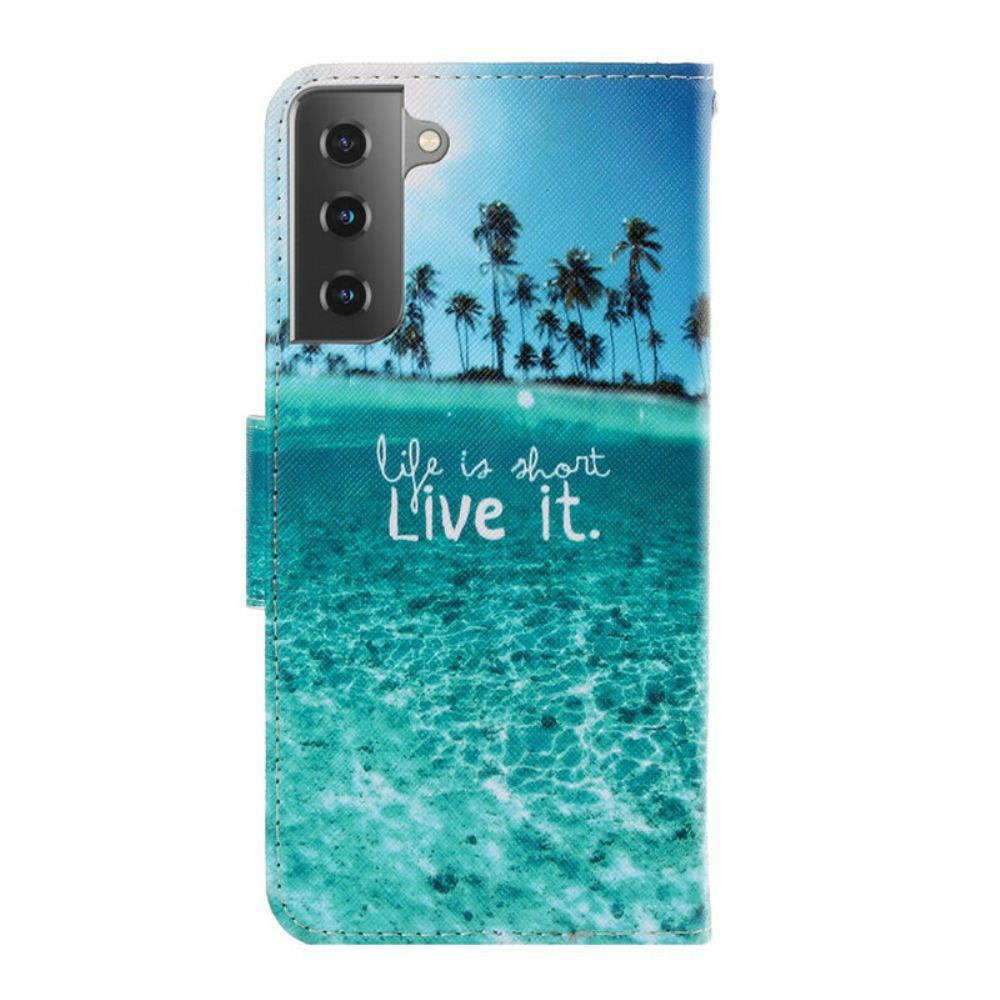 Flipové Pouzdro Na Samsung Galaxy S21 5G Na Lana Nikdy Nepřestávejte Snít Navy Strappy