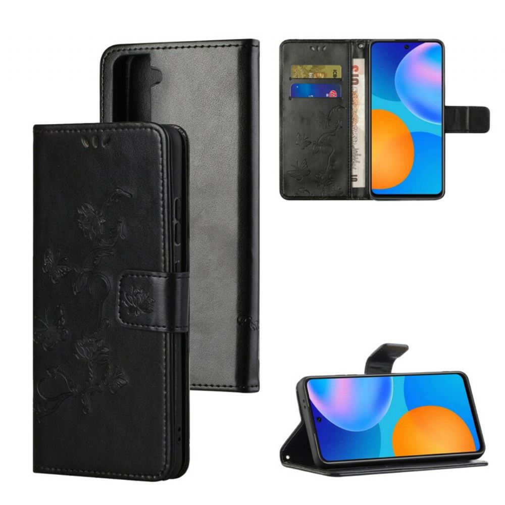 Flipové Pouzdro Na Samsung Galaxy S21 5G Na Lana Popruh S Motýly A Květinami