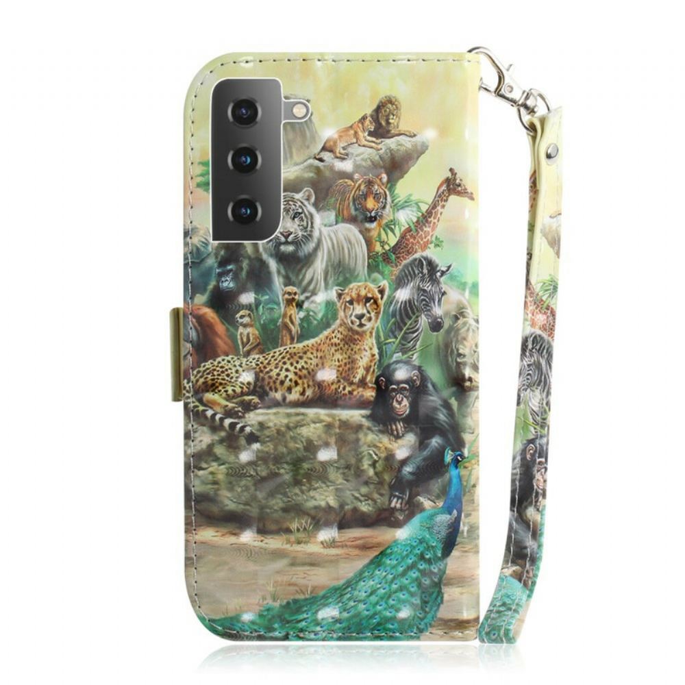 Flipové Pouzdro Na Samsung Galaxy S21 5G Na Lana Safari Zvířata S Lanyardy