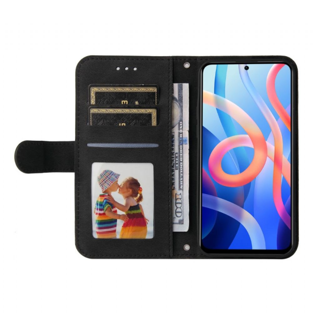Flipové Pouzdro Na Poco M4 Pro 5G Nýt A Řemínek Z Imitace Kůže