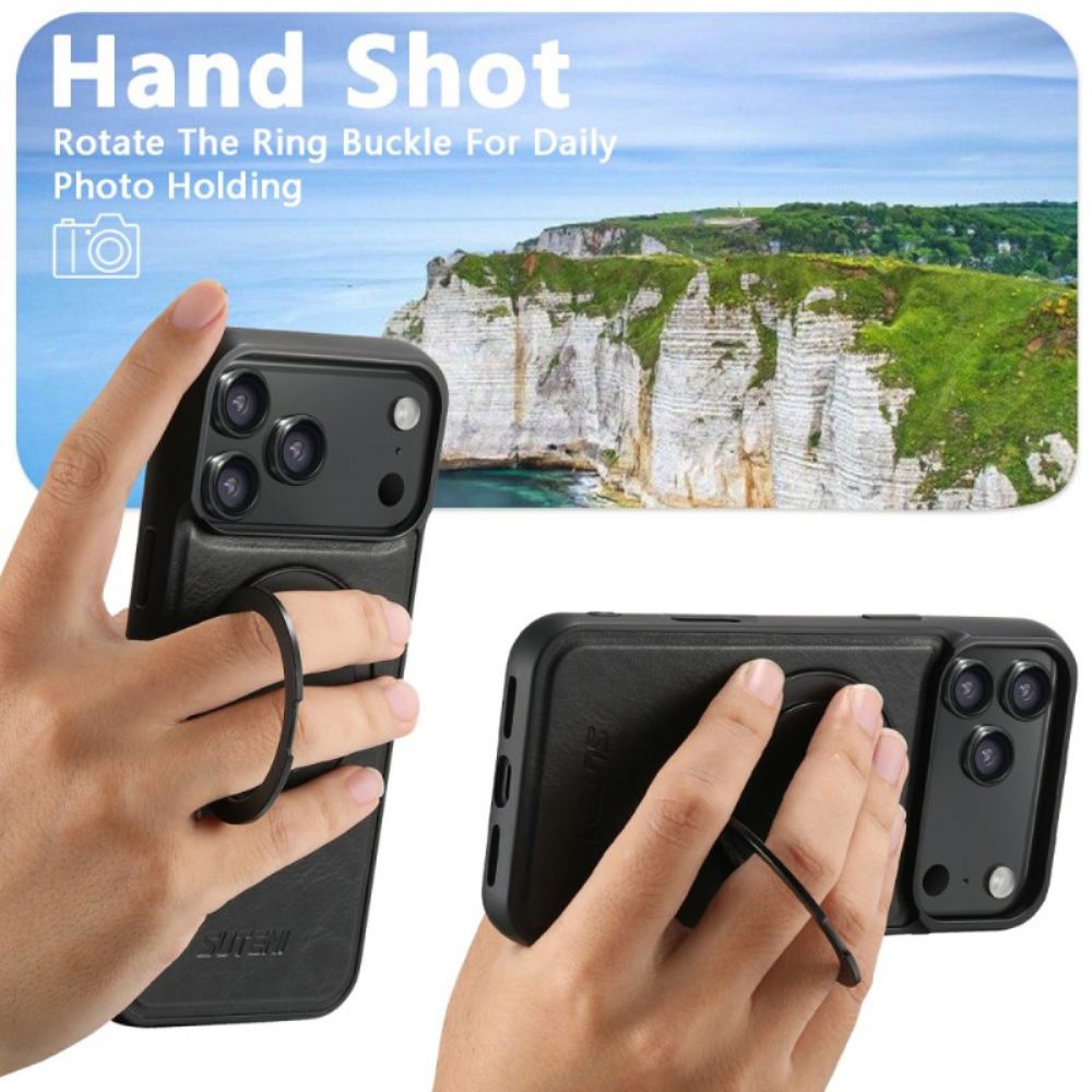 Kryt iPhone 17 Pro Kompatibilní S Magsafe Voskovaný Kožený Efekt S Otočným Držákem