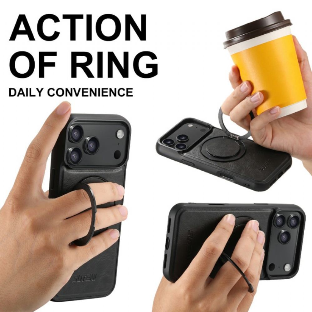 Kryt iPhone 17 Pro Kompatibilní S Magsafe Voskovaný Kožený Efekt S Otočným Držákem