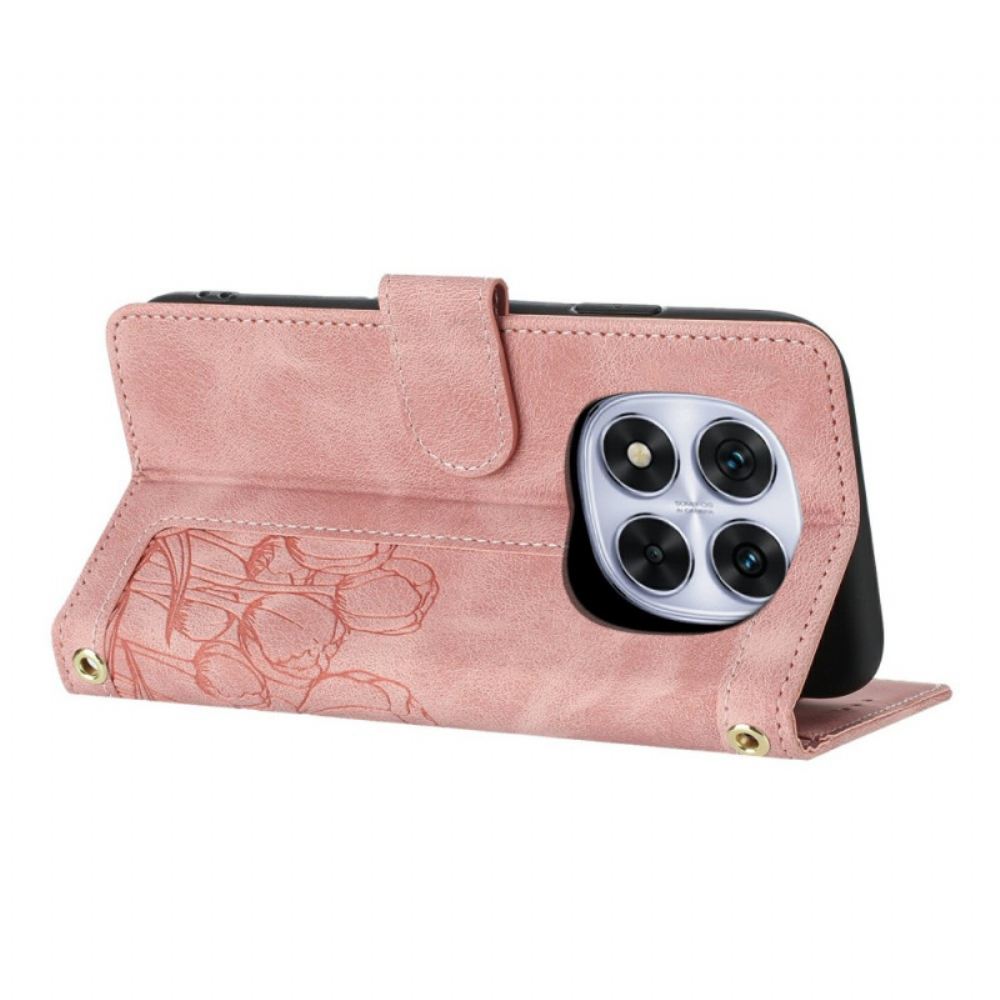 Kožený Kryt Na Xiaomi Redmi Note 14 Pro 4g Květinový Vzor S Páskem