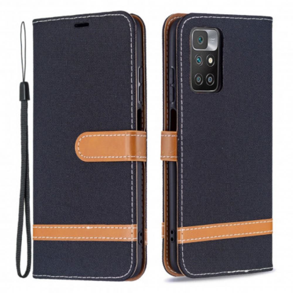 Flipové Pouzdro Na Xiaomi Redmi 10 Na Lana Pásek S Látkovým A Koženým Efektem