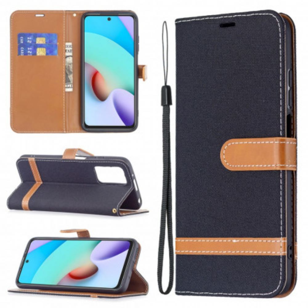 Flipové Pouzdro Na Xiaomi Redmi 10 Na Lana Pásek S Látkovým A Koženým Efektem