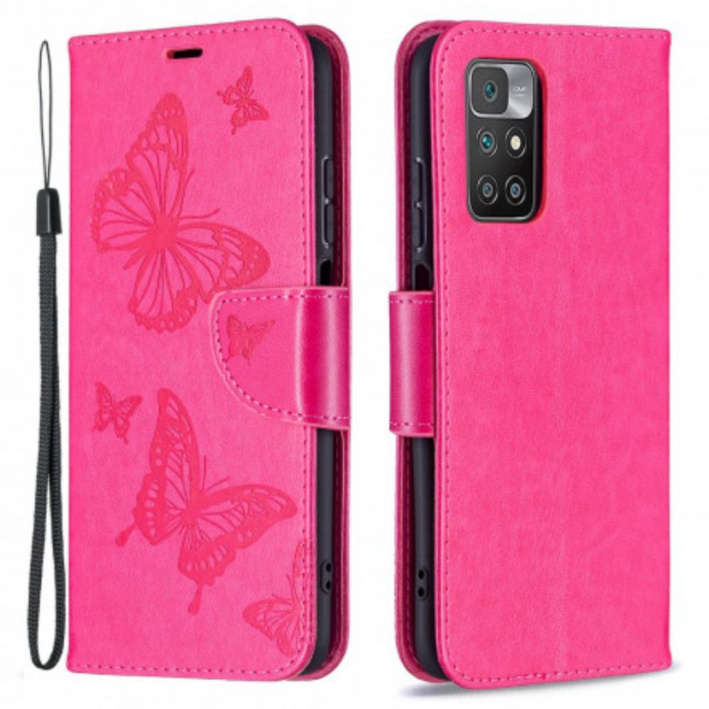 Flipové Pouzdro Na Xiaomi Redmi 10 Na Lana Popruh S Potiskem Motýlů