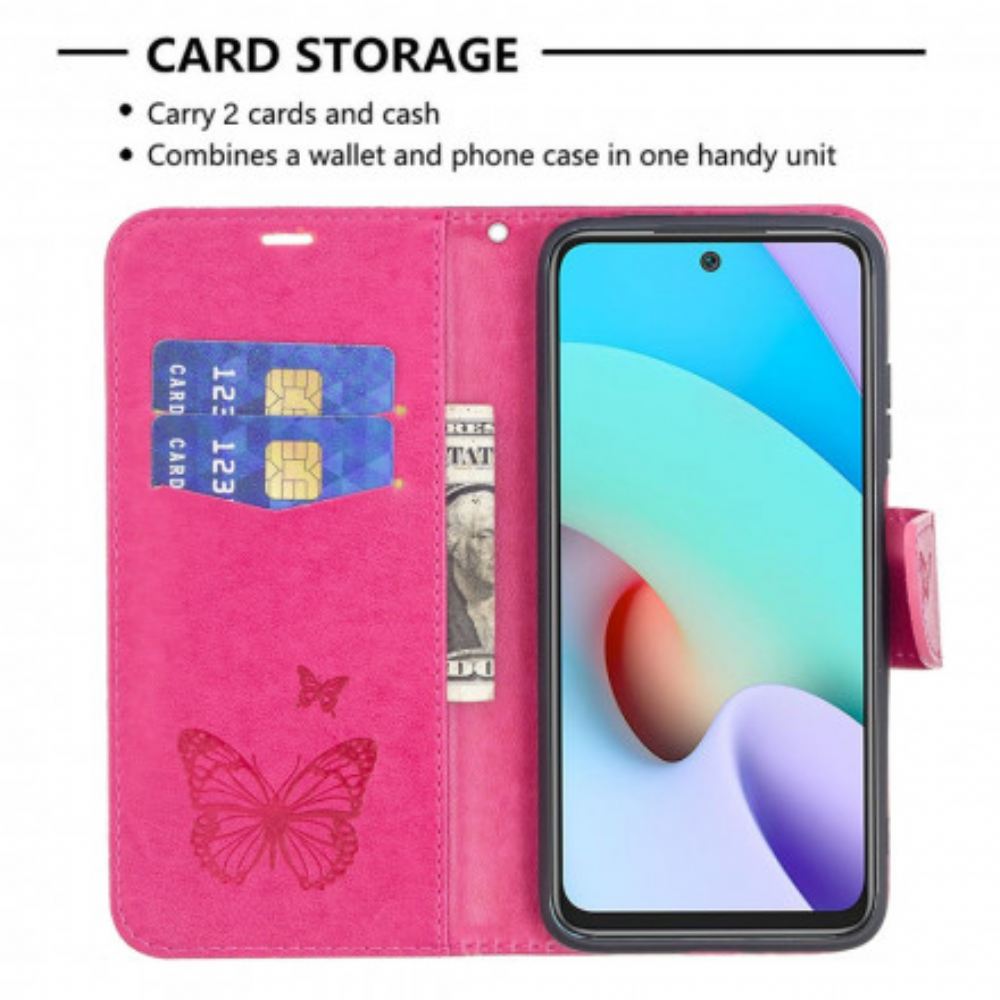 Flipové Pouzdro Na Xiaomi Redmi 10 Na Lana Popruh S Potiskem Motýlů