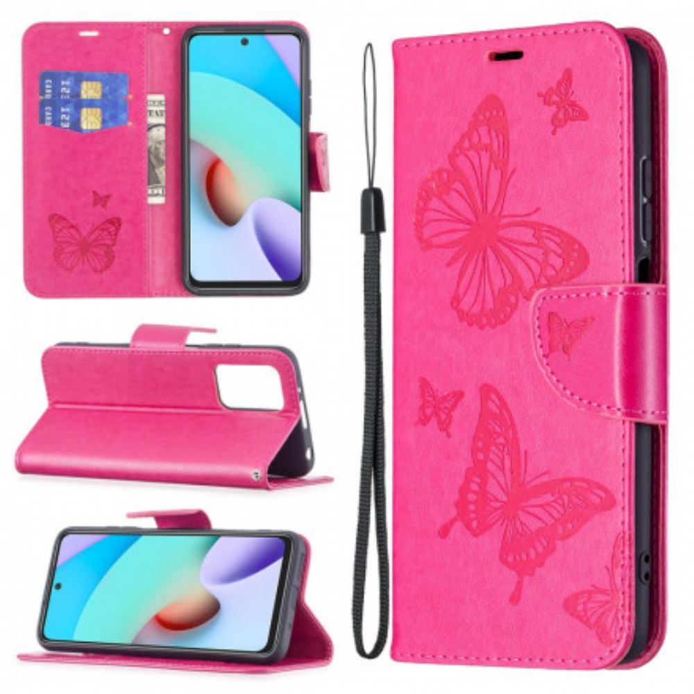 Flipové Pouzdro Na Xiaomi Redmi 10 Na Lana Popruh S Potiskem Motýlů