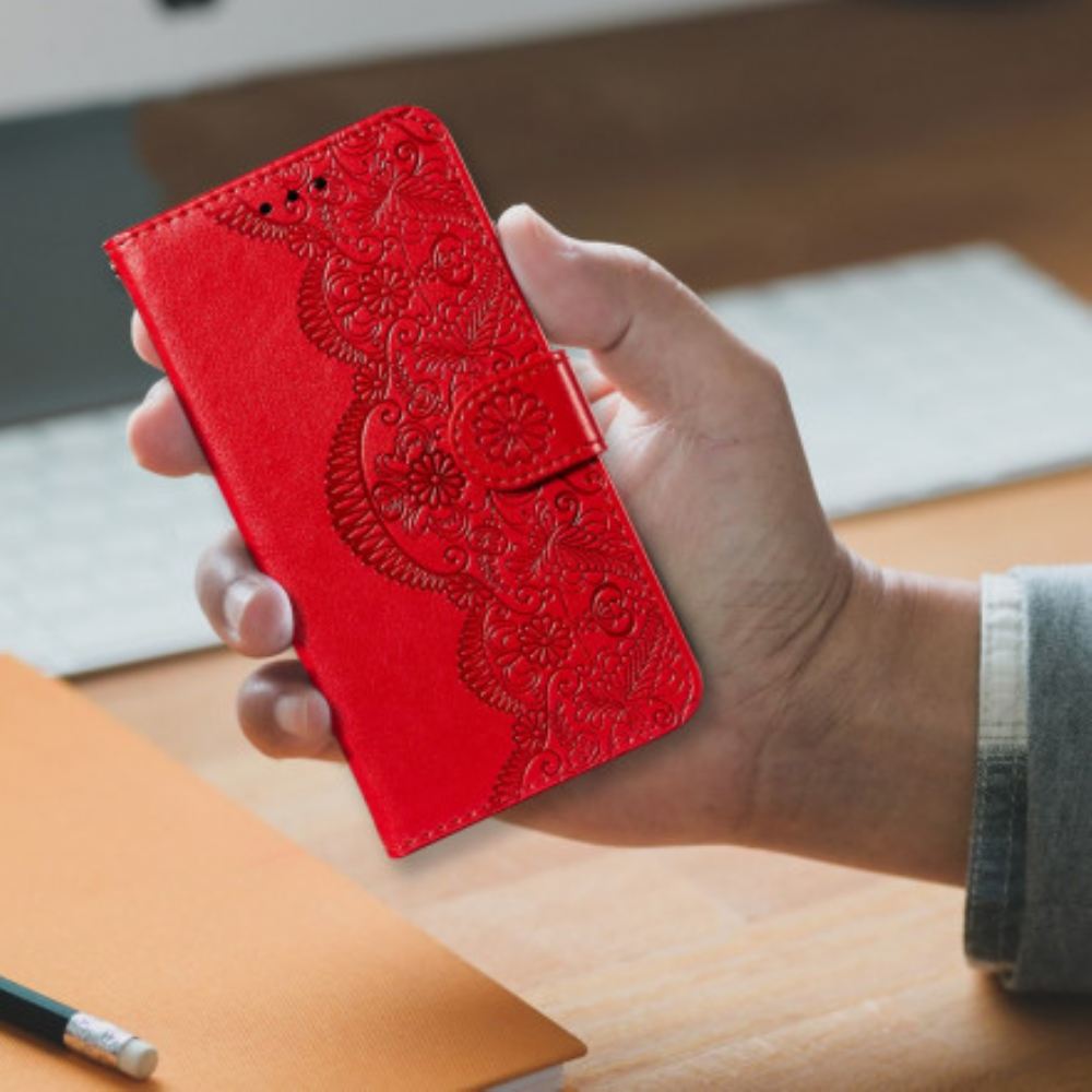 Flipové Pouzdro Na Samsung Galaxy A32 4G Tisk Květinové Výšivky