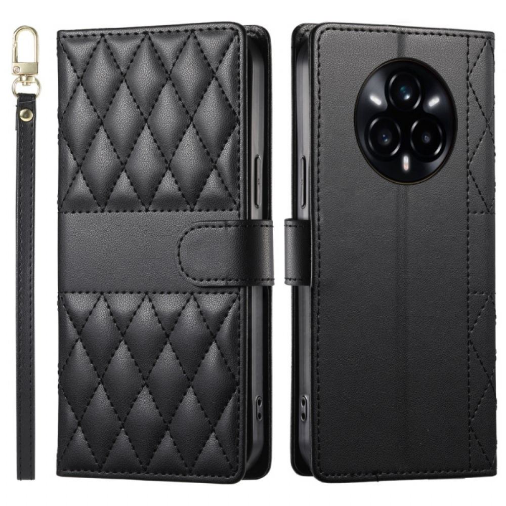 Kožený Kryt Na Realme 14 Pro 5g Prošívaný Design S Popruhem A Ramenním Popruhem