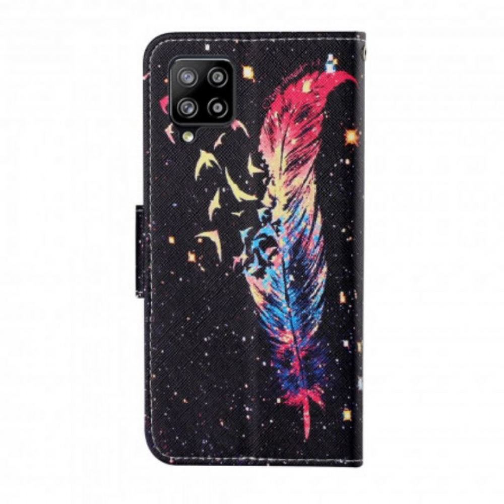 Flipové Pouzdro Na Samsung Galaxy M12 / A12 Na Lana Barevné Pírko S Popruhem