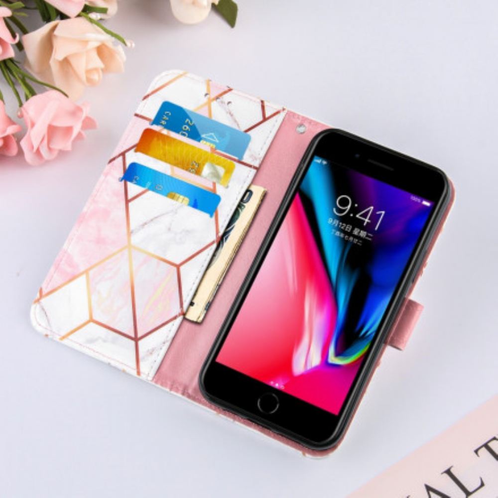 Kožené Pouzdro Na iPhone SE 3 / SE 2 / 8 / 7 Mramor S Popruhem