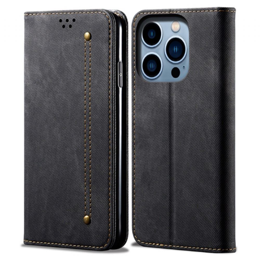 Kožené Pouzdro Folio iPhone 16 Pro Max Džínová Tkanina