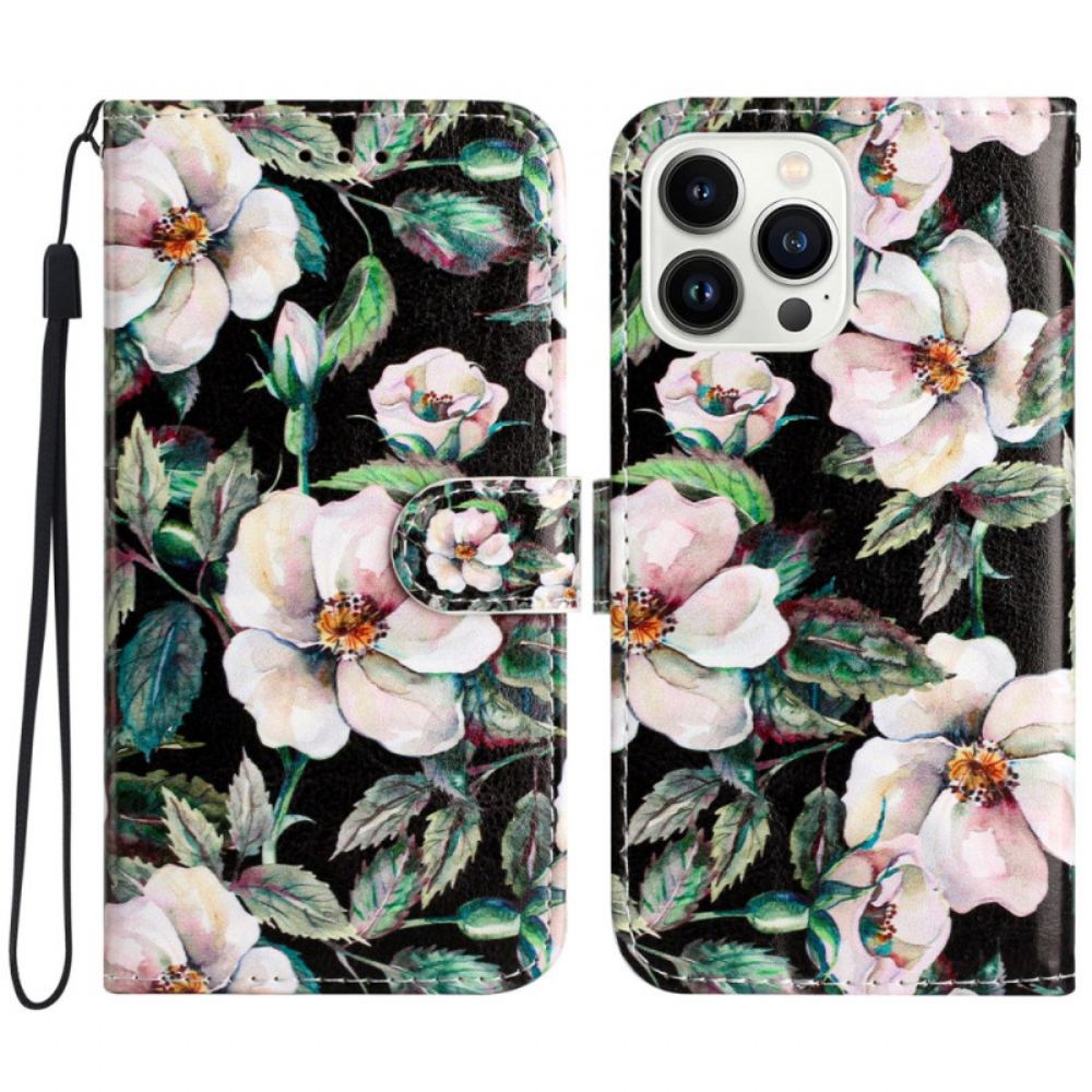 Kožený Kryt iPhone 16 Pro Max Bílé Magnólie S Řemínkem
