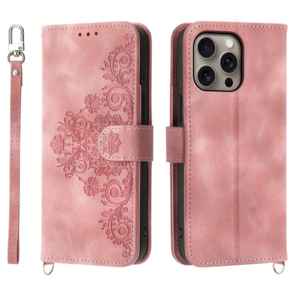 Kožený Kryt iPhone 16 Pro Max Floralie S Popruhem A Popruhem Přes Rameno