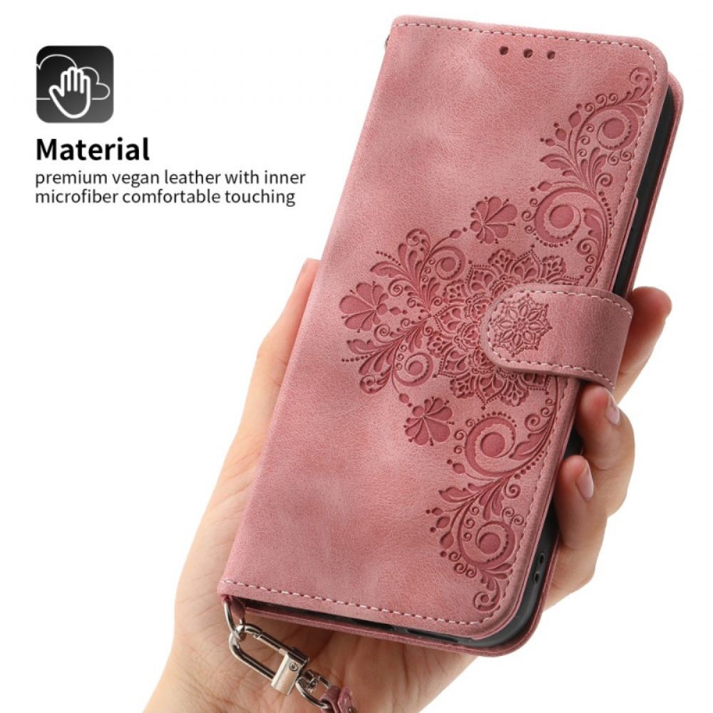 Kožený Kryt iPhone 16 Pro Max Floralie S Popruhem A Popruhem Přes Rameno