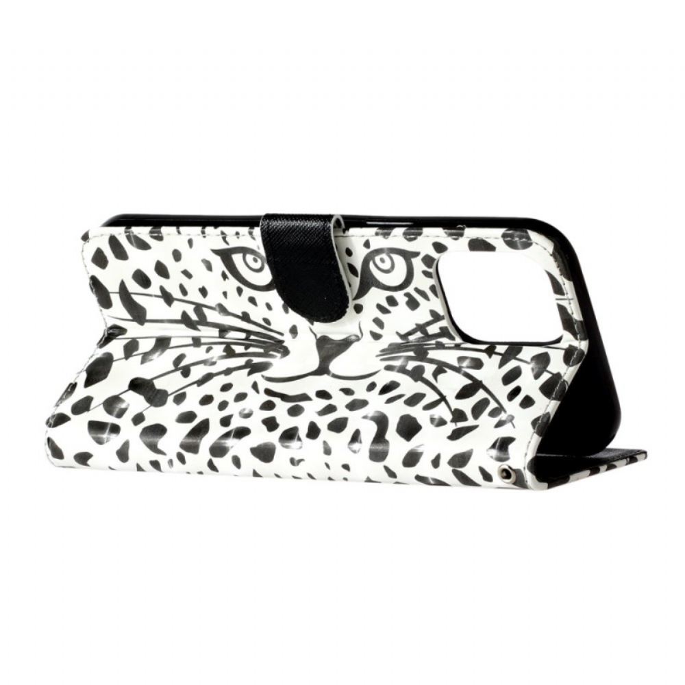 Kožený Kryt iPhone 16 Pro Max Leopardí Hlava S Popruhem