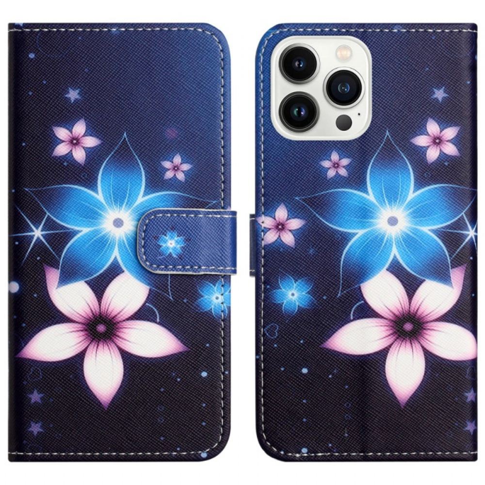 Kožený Kryt iPhone 16 Pro Max Lunární Květiny S Popruhem