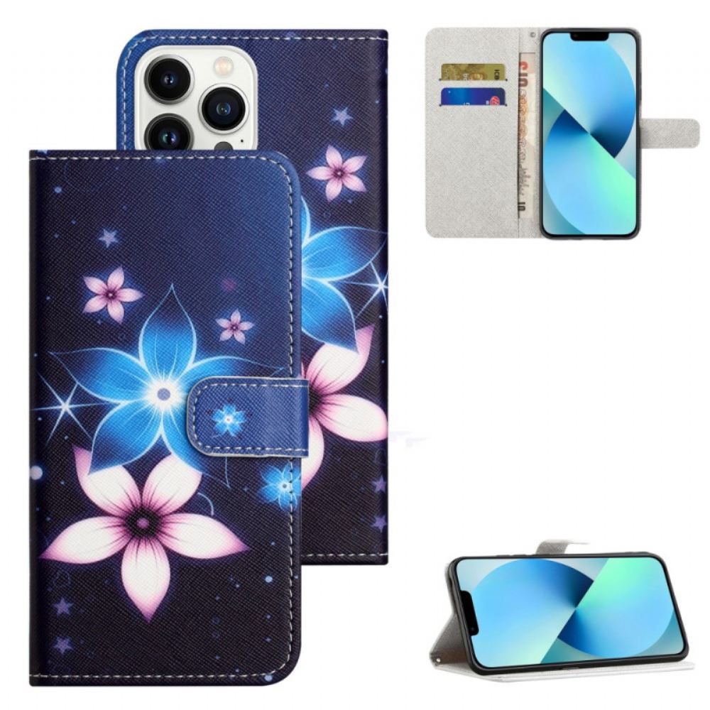 Kožený Kryt iPhone 16 Pro Max Lunární Květiny S Popruhem