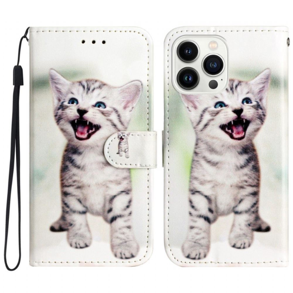 Kožený Kryt iPhone 16 Pro Max Malá Kočka S Popruhem
