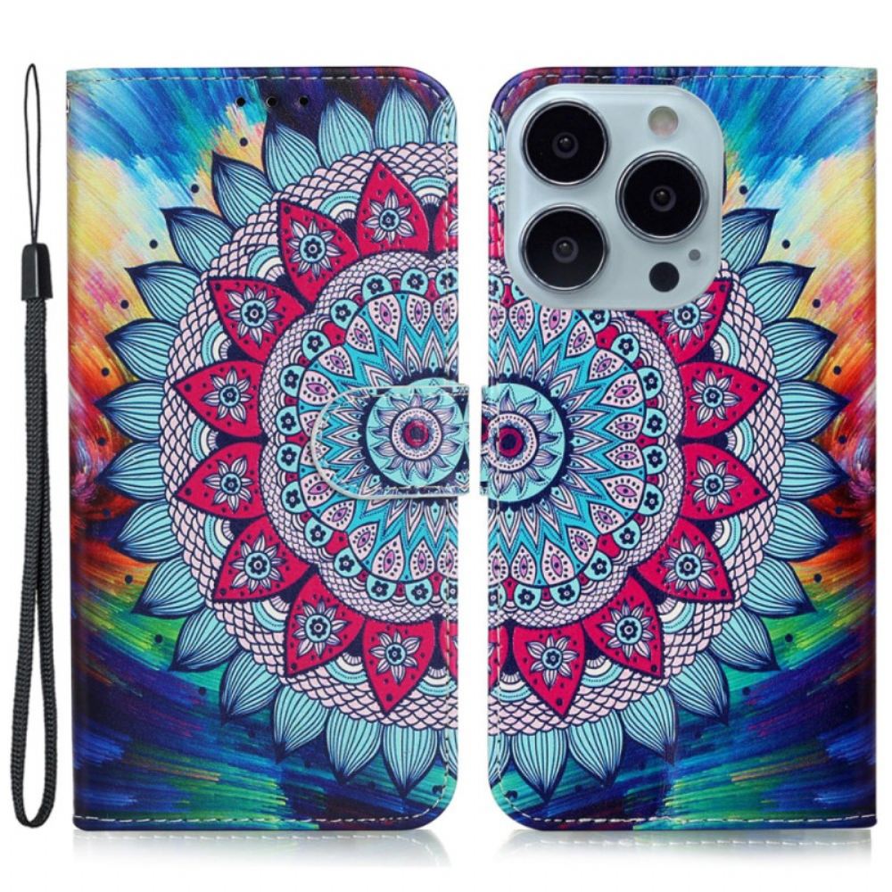 Kožený Kryt iPhone 16 Pro Max Mandala Květina S Popruhem