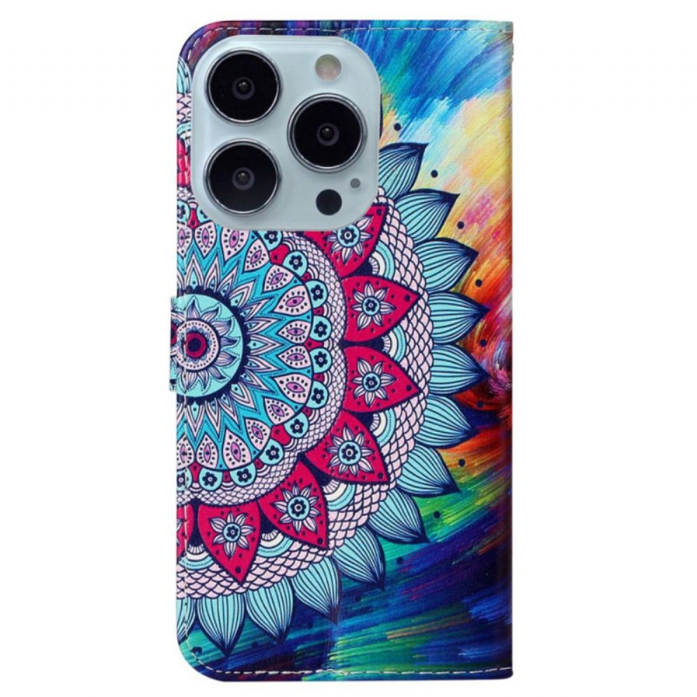 Kožený Kryt iPhone 16 Pro Max Mandala Květina S Popruhem