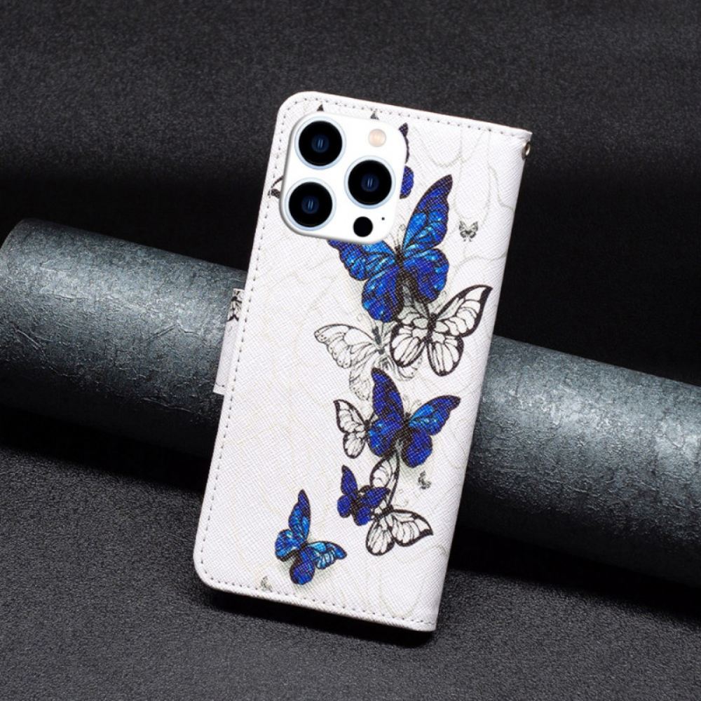 Kožený Kryt iPhone 16 Pro Max Modrí Motýli V Letu