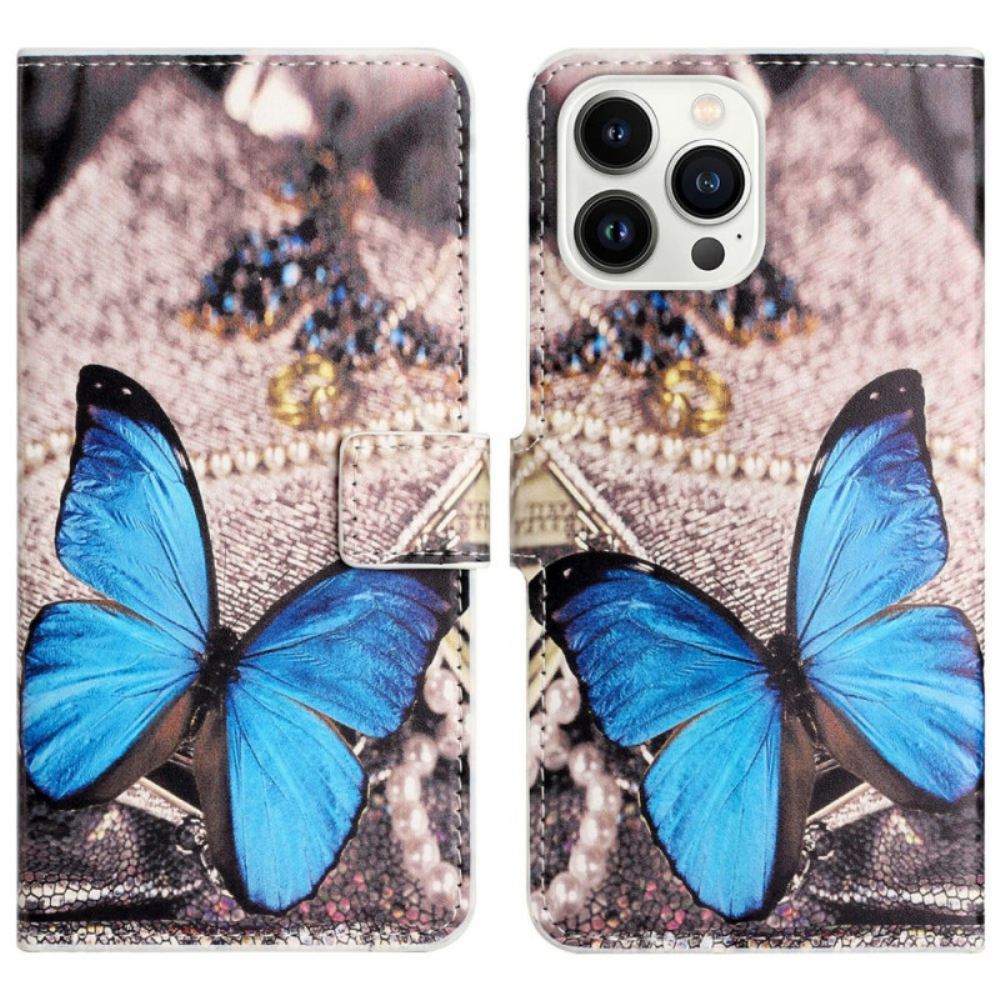 Kožený Kryt iPhone 16 Pro Max Modrý Motýl