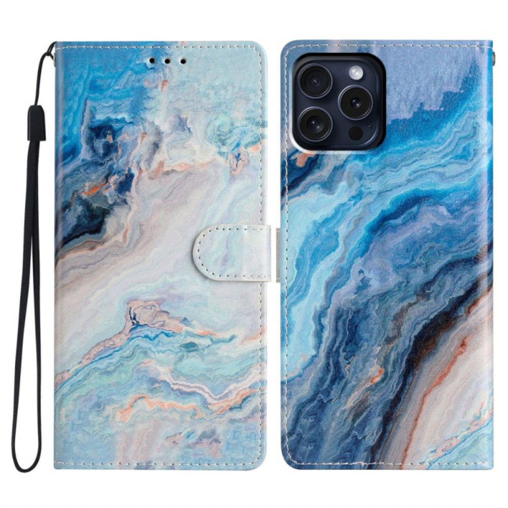 Kožený Kryt iPhone 16 Pro Max Modrý Mramor S Popruhem