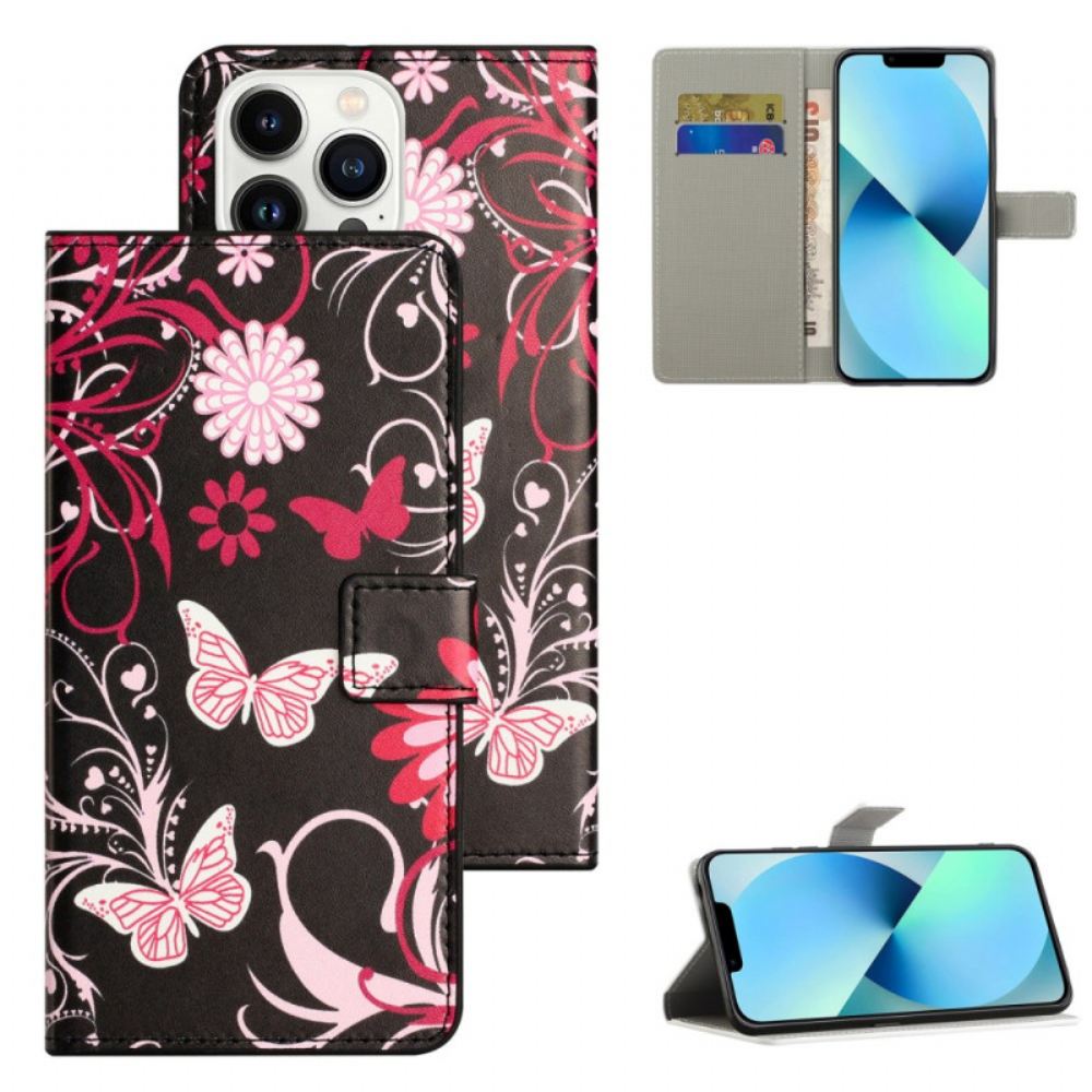 Kožený Kryt iPhone 16 Pro Max Motýli Na Černém Pozadí