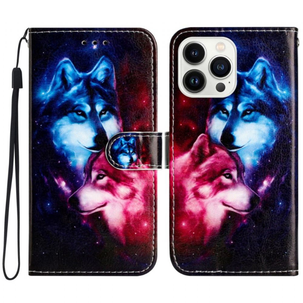 Kožený Kryt iPhone 16 Pro Max Pár Vlků S Popruhy