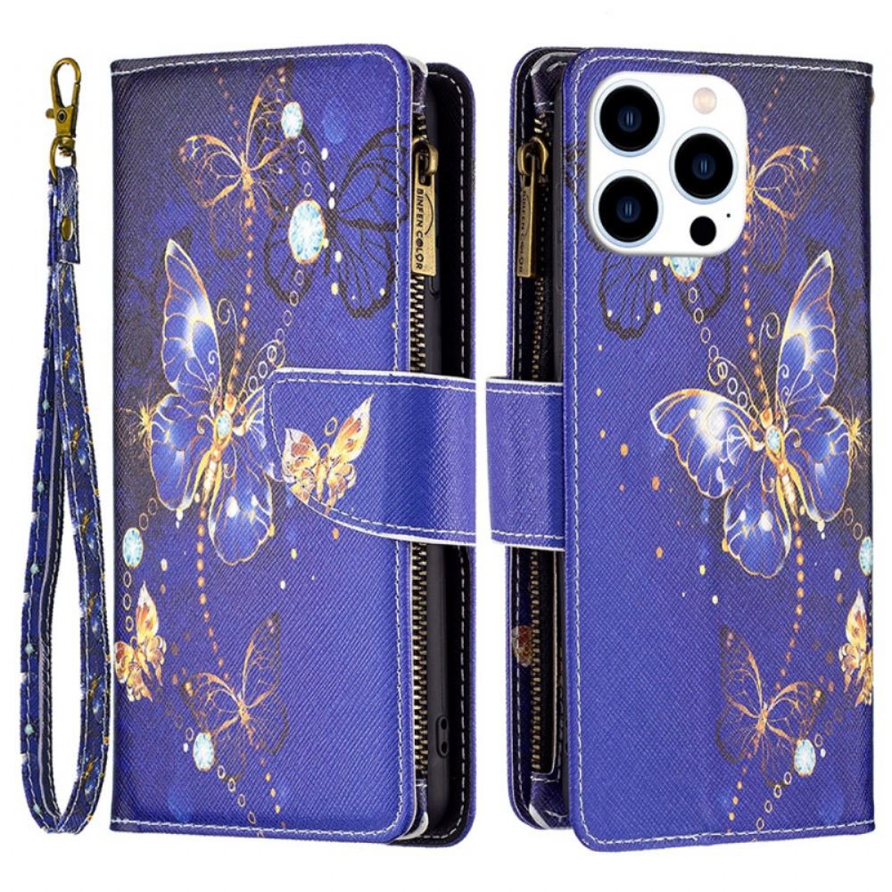 Kožený Kryt iPhone 16 Pro Max Peněženka Purple Butterflies S Popruhem