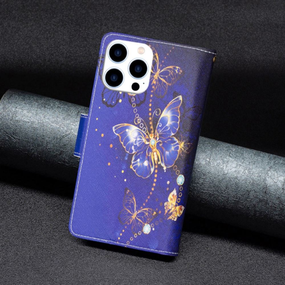 Kožený Kryt iPhone 16 Pro Max Peněženka Purple Butterflies S Popruhem