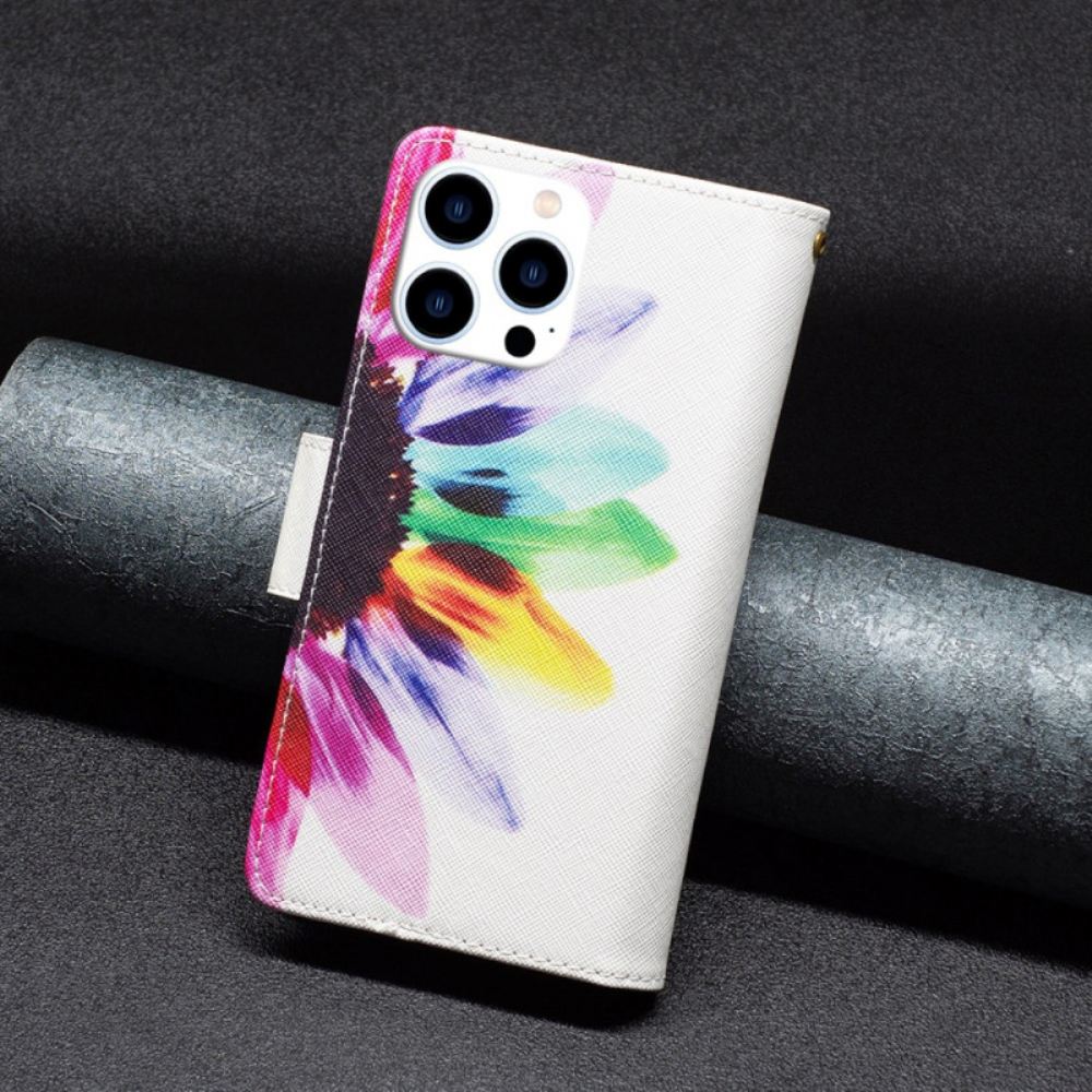 Kožený Kryt iPhone 16 Pro Max Peněženka S Květinovým Popruhem