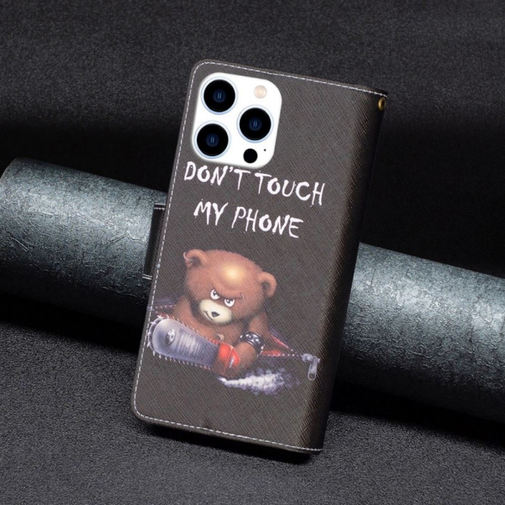 Kožený Kryt iPhone 16 Pro Max Peněženka S Nebezpečným Medvědem