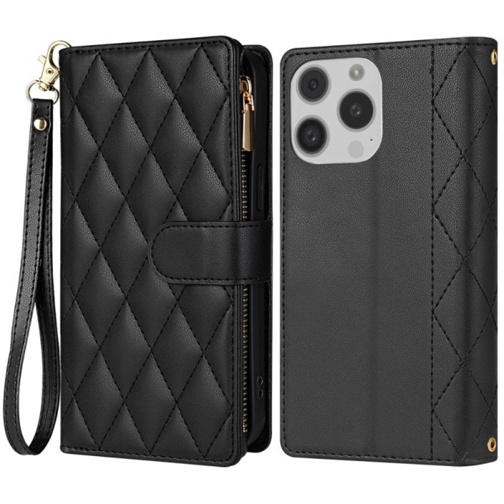 Kožený Kryt iPhone 16 Pro Max Polstrovaný Popruhem A Ramenním Popruhem