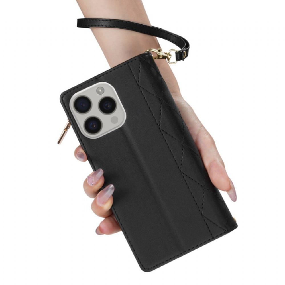 Kožený Kryt iPhone 16 Pro Max Polstrovaný Popruhem A Ramenním Popruhem