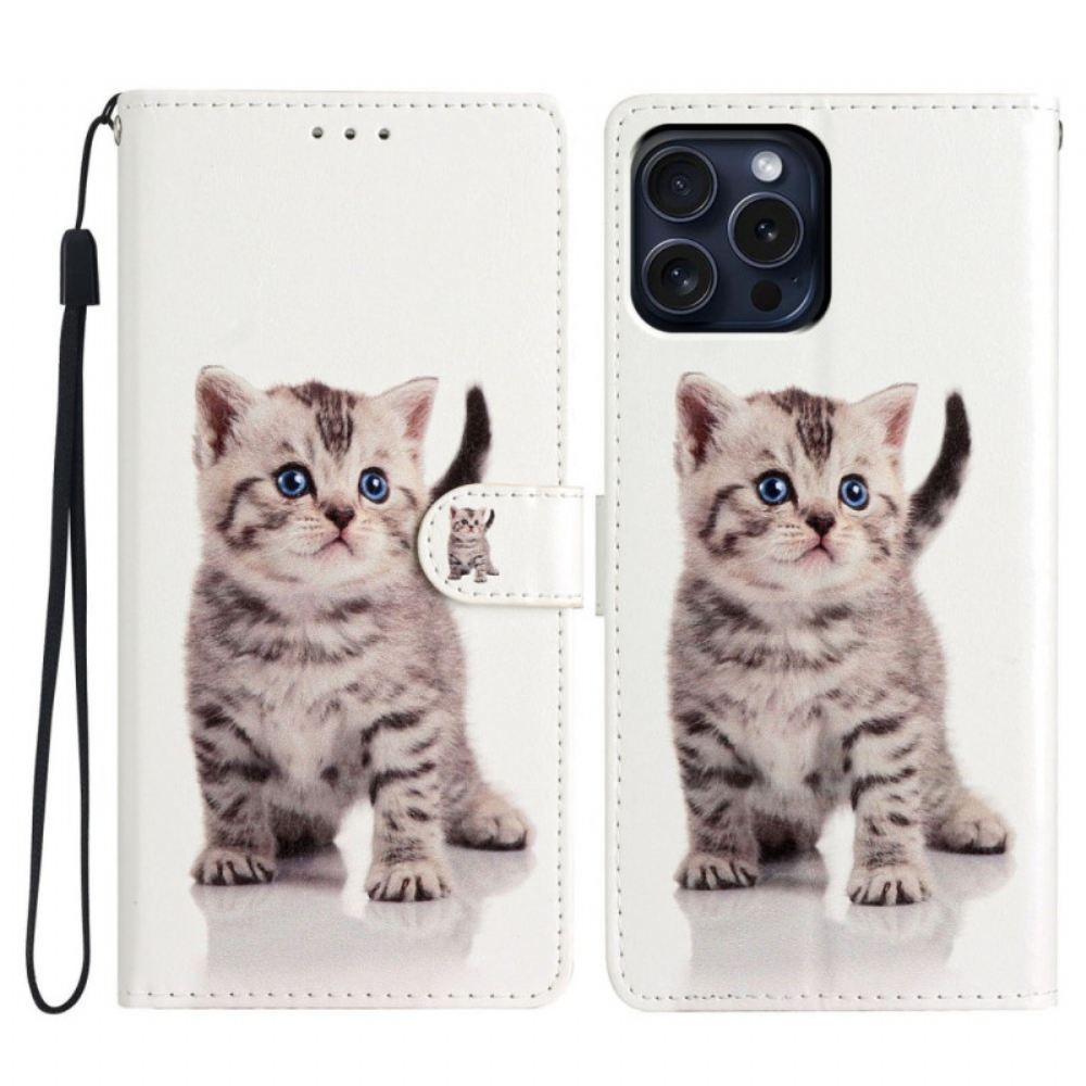 Kožený Kryt iPhone 16 Pro Max Roztomilá Kočka S Popruhem