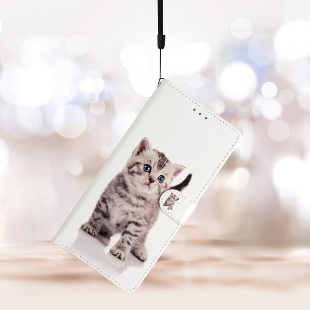 Kožený Kryt iPhone 16 Pro Max Roztomilá Kočka S Popruhem