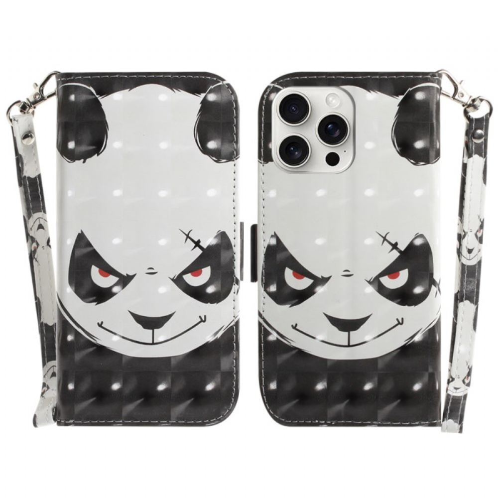 Kožený Kryt iPhone 16 Pro Max Rozzlobená Panda S Popruhem