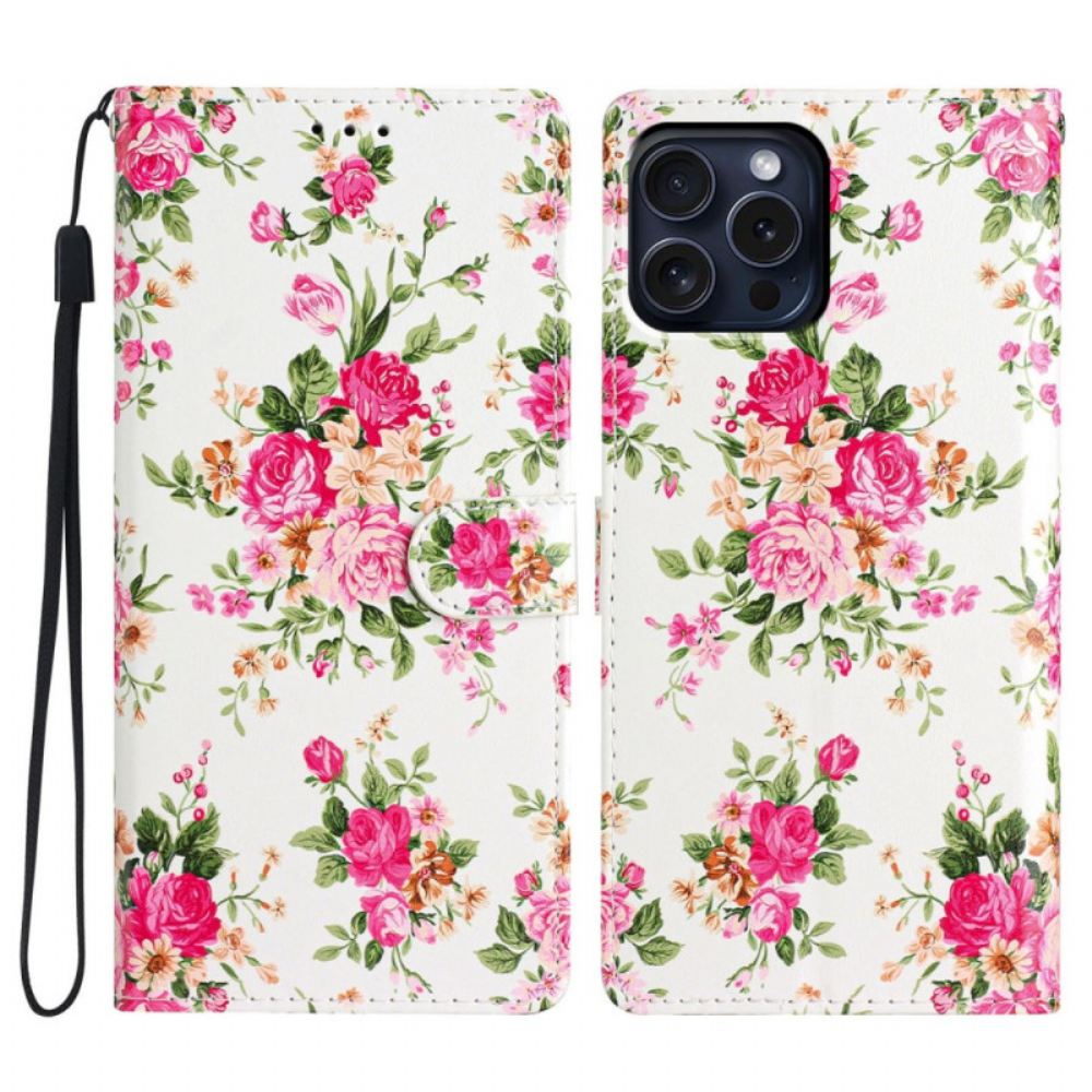 Kožený Kryt iPhone 16 Pro Max Červené Květy S Popruhem