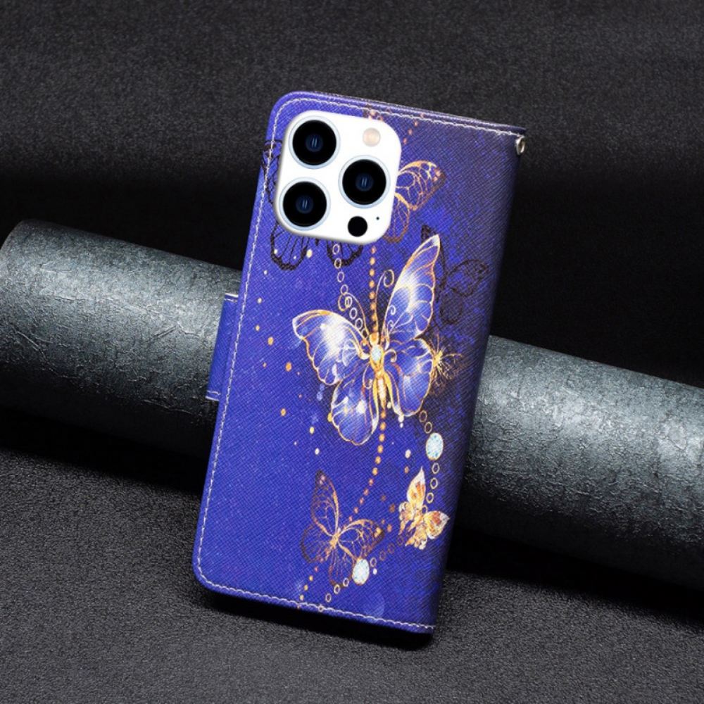 Kožený Kryt Na iPhone 16 Pro Max Fialoví Motýli